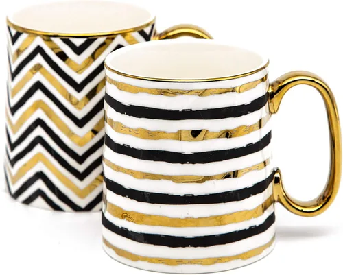 Vista 2 de KooK Tazas de café, juego de tazas de café, tazas negras y doradas, porcelana, tazas de té con asas, diseño geométrico con detalles dorados Curved