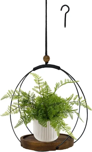 Vista 17 de Maceta colgante para plantas de interior, colgador de plantas negro para interiores con base de madera resistente, colgador de plantas de macramé
