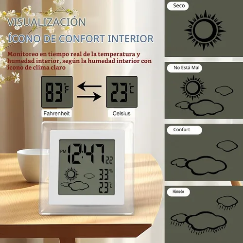 Vista 3 de Reloj pequeño digital, funciona con batería, despertador con retroiluminación automática, temperatura y humedad interior, 12/24H, fecha, reloj