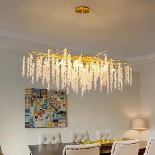 Vista 22 de Candelabro de Cristal Rama de Árbol Dorado Gota de Lluvia Redonda Lámpara Colgante con Borla Luminaria de Techo Colgante para Dormitorio Sala