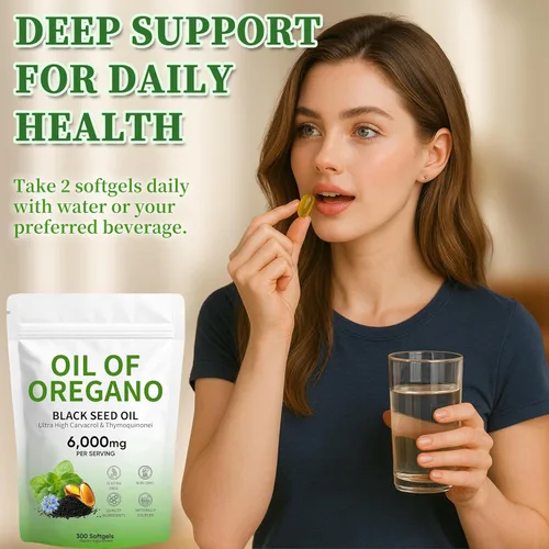 Vista 5 de Aceite de cápsulas blandas de orégano, con aceite de semilla negra y timoquinona, 300 unidades, 6000 mg, sin OMG, 2 en 1 formulado con Carvacro de 4