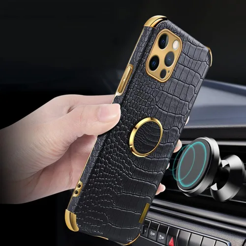 Vista 3 de Guppy Compatible con iPhone 15 Pro Max - Funda protectora de piel de cocodrilo de lujo, borde dorado, rotación de 360 grados para mujer, funda