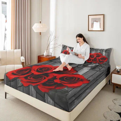 Vista 7 de Erosebridal Juego de sábanas de rosas rojas, tamaño individual, color rojo y negro, para niñas, mujeres, hombres, parejas, romántico, floral