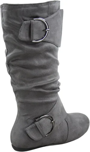 Vista 2 de FZ-Fits Botas de mujer con hebilla lateral, cierre de cremallera, puntera redonda, planas, con tacón bajo, de media pantorrilla