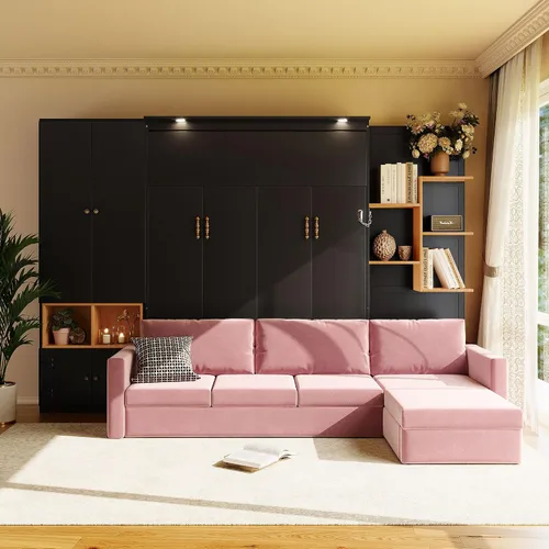 Vista 28 de Cama Murphy de Pared Tamaño Queen con Escritorio en Forma de L, Sofá de 2 Asientos y Luz, Marco de Cama Murphy Tradicional de Madera Maciza