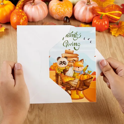 Vista 5 de Quera 27 tarjetas de felicitación de Acción de Gracias, tarjetas de animales de otoño con sobres, tarjetas de cosecha para niños, adultos, amigos