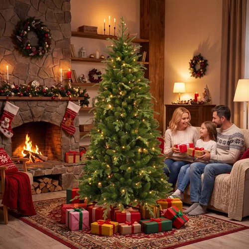 Vista 6 de Artificial Christmas Tree, Realistic Fraser Fir Hinged Locations with Warm LED Lights & Metal Stand, 6 Feet