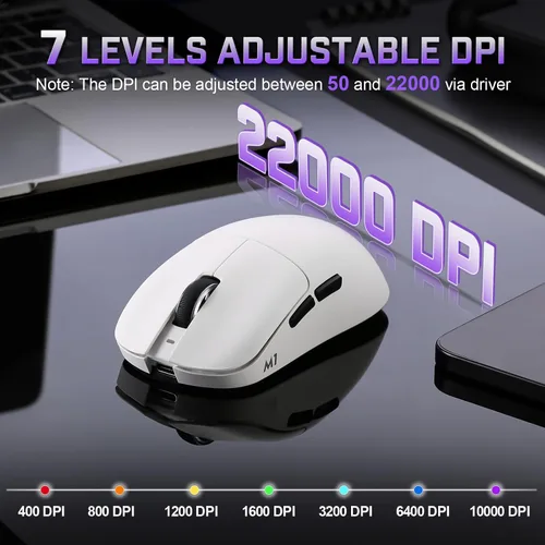 Vista 4 de YUNZII Ratón inalámbrico para juegos M1, Tri-Mode 2.4G/BT/mouse para juegos con cable, sensor PAW3311 10000 DPI recargable con 5 botones