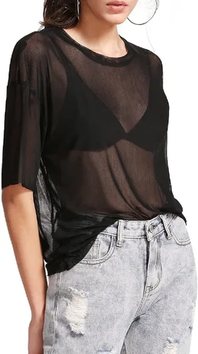 Vista 4 de MakeMeChic - Blusa de malla traslúcida y sexi de mangas cortas para mujer, ideal para el verano