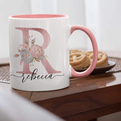 Vista 7 de Taza de café personalizada, regalo para mujeres, taza de café personalizada con nombre e inicial, 11 onzas, rosa, taza de cerámica personalizada