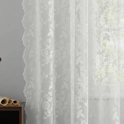 Vista 42 de FINECITY 2 paneles de cortinas de encaje beige de 36 pulgadas de largo con hojas florales rústicas, cortinas cortas y transparentes para ventana