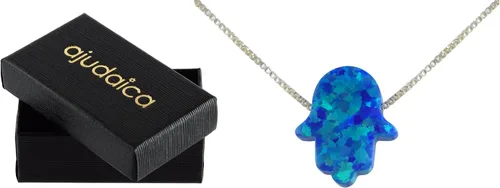 Vista 3 de aJudaica collar con colgante de la mano de Hamsa, ópalo creado azul, con cadena de plata de ley