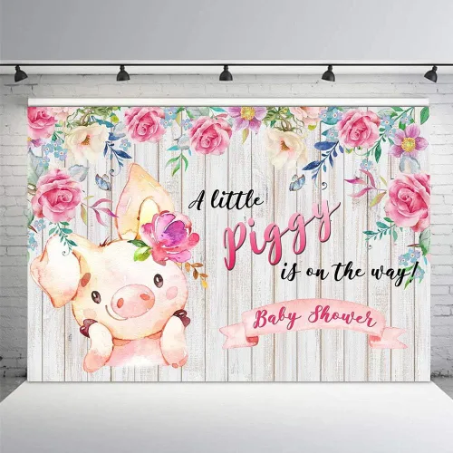 Vista 4 de Sweet A Little Piggy is On The Way Princess Girl Farm Baby Shower - Pancarta de fondo de fotos de primavera rosa floral de madera para fotografía