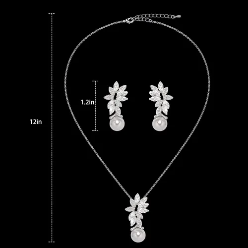 Vista 5 de Juego de joyas de boda para novia, aretes y collar de plata S925, joyería de graduación, circonita cúbica, para novias, damas de honor, para el día