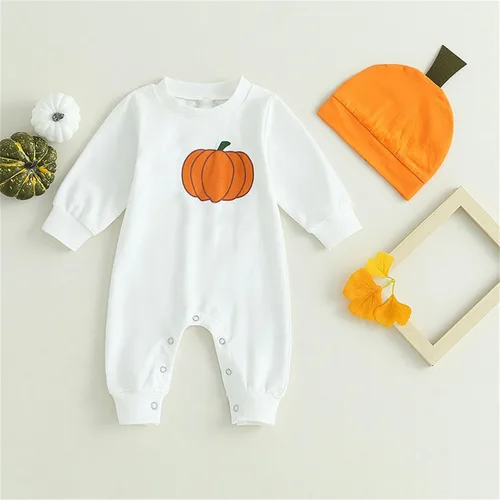Vista 2 de Unisex Fashionable Costume Halloween Newborn Baby Girl Outfit Toddler Pumpkin Sweatshirt Romper Long Sleeve