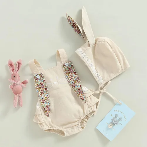 Vista 3 de KMBANGI Mameluco de conejito para bebé, sin mangas, sin espalda, bohemio, con gorro de orejas de conejo, traje de verano y Pascua