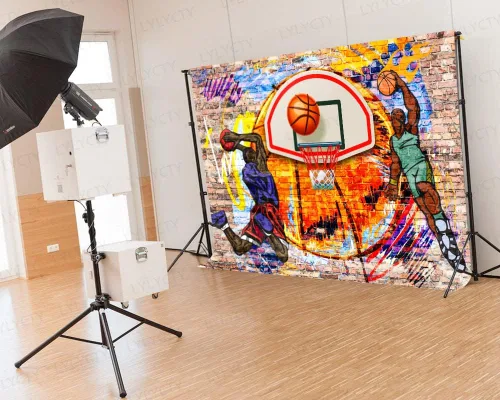 Vista 4 de Fondo de baloncesto con temática de graffiti, arte de fotografía deportiva, para decoración de fiesta de cumpleaños, pancarta, cabina de fotos