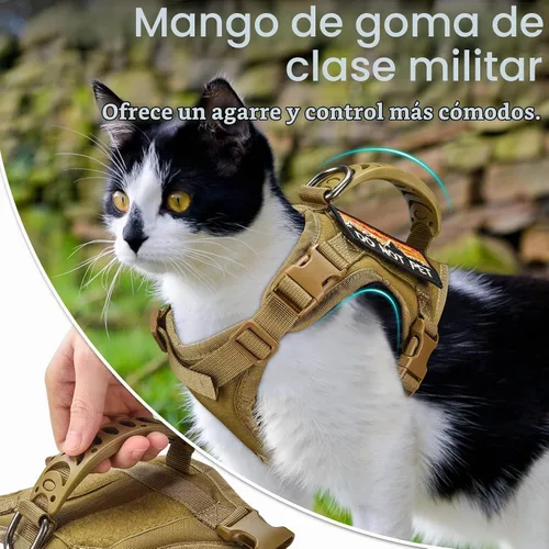 Vista 4 de Arnés táctico para gato y correa para caminar a prueba de esacpe, chaleco grande de malla suave ajustable para gatos con mango de goma fácil