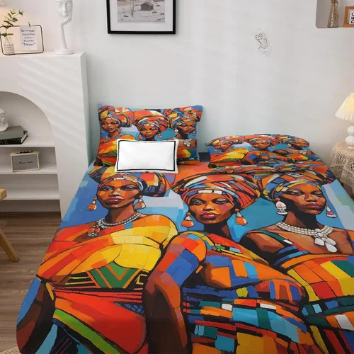 Vista 2 de Sábanas de mujer africana, tamaño matrimonial, sábanas tribales, sábanas y fundas de almohada estampadas de 4 piezas, sábana bajera ajustable