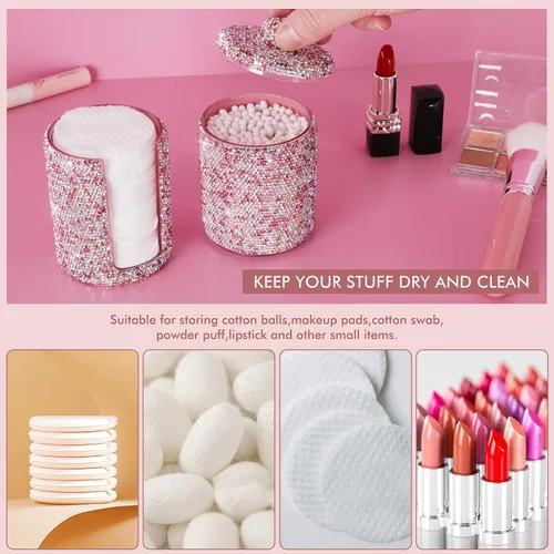 Vista 6 de KEYPOWER Almohadilla de bolas de algodón con diamantes de imitación, soporte dispensador de almohadillas de maquillaje, tarro acrílico con tapa