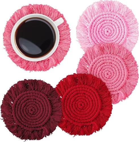 Vista 11 de Whaline Juego de 4 posavasos de macramé bohemios, hechos a mano, tejido a mano, tapete bohemio con borla para el hogar, cocina, oficina, fiesta Tema