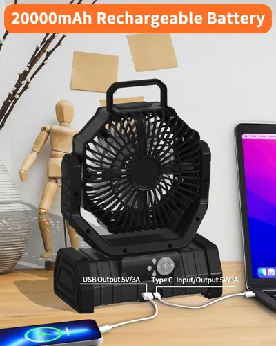 Vista 7 de ADUST Ventilador Portátil de Campamento con Batería, Ventilador con Luz LED 20000mAh Recargable, Oscilación Automática, Rotación de 270°, Gancho