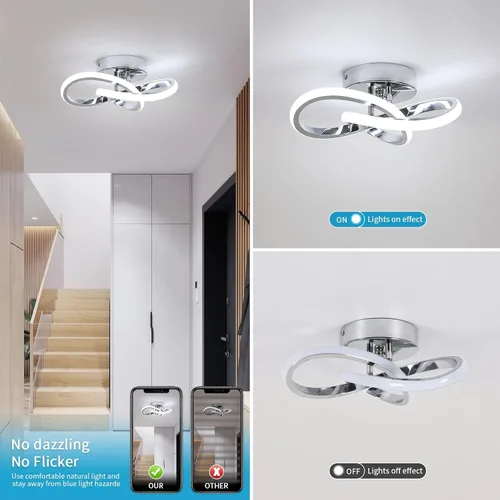 Vista 5 de Lámpara de Techo LED Moderna, Lámpara de Techo de 22W LED 6500K Blanco Frío Diseño Espiral para Pasillo de Corredor Balcón Cocina (Plateado)