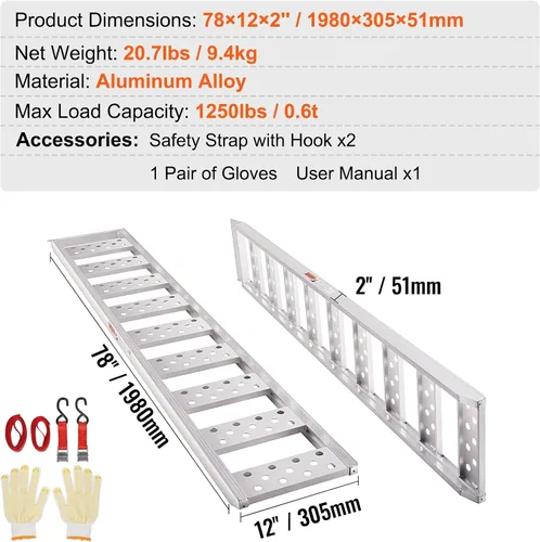 Vista 5 de VEVOR Rampas de aluminio, 1250 libras, rampa recta con peldaños y correas de carga, rampa de carga portátil para motocicletas, cuatrimotos