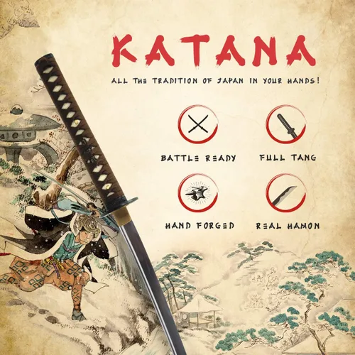 Vista 2 de HMS Samurai Katana Sword, Practical, Hand Forged, 1045 Carbon Steel, Heat Tempered/Clay Tempered, Full Tang, Sharp, Scabbard Katana 842