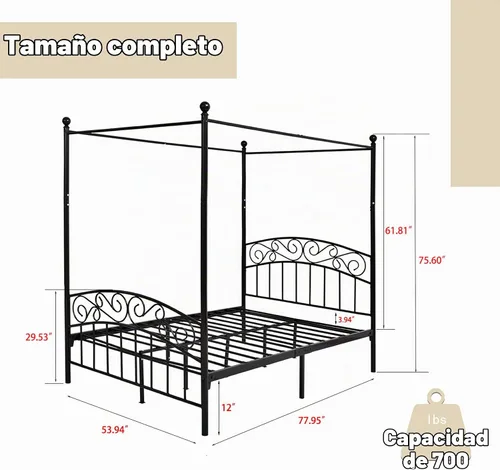 Vista 2 de Marco de cama con dosel de tamaño matrimonial, cama de metal con Negro