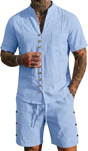 Vista 6 de RTRDE Men's 2 Piece Outfits Cuban Guayabera Short Sleeve Shirts and Summer Beach Vacation Sets, S-3XL
