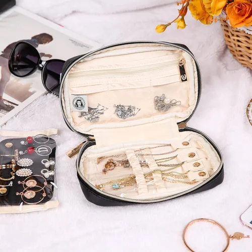 Vista 6 de Angelina's Palace Pequeño estuche organizador de joyas impermeable, bolsa de almacenamiento de viaje de cuero vegano, regalos de dama de honor