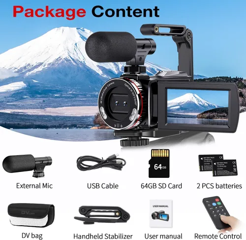 Vista 8 de Videocámara digital 4K, cámara dual de 64MP UHD Vlogging para YouTube, zoom digital 21X, cámara de vlog con micrófono externo, estabilizador