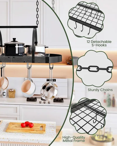 Vista 5 de CHOEZON Estante para ollas colgante, colgador de ollas para la cocina, soporte para ollas montado en el techo, organizador de utensilios de cocina