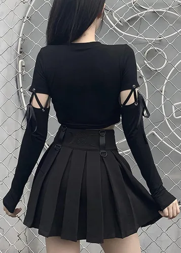Vista 2 de Sudadera con capucha de manga larga con estampado de dragón punk gótico para mujer, Negro