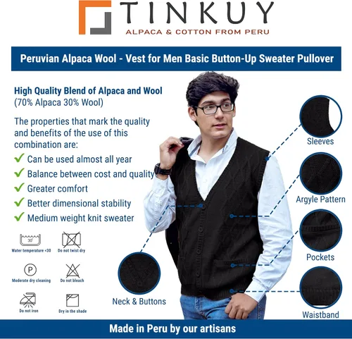 Vista 4 de TINKUY Chaleco peruano de lana de alpaca con cuello en V para hombre, S-4XL