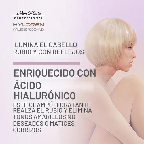 Vista 2 de Mon Platin Professional HYLOREN - Champú para cabello rubio con ácido hialurónico para cabello rubio y con reflejos, champú para cabello rubio, sin