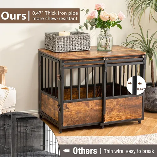Vista 4 de KOOPRO Mueble de jaula para perros de 32 pulgadas con cojín, resistente para perros medianos Wooden Dog Kennel with Double Doors, Decorative Pet