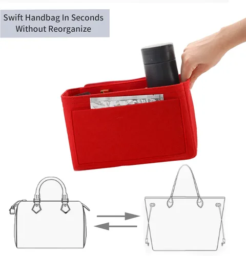Vista 4 de Organizador de bolsas de fieltro compatible con Speedy, Neverfull, organizador de bolsos de alta calidad con bolsillos con cremallera (M, rojo)