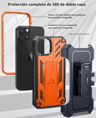 Vista 2 de Funda para Teléfono iPhone 13/14/15: Funda Protectora para iPhone 16e con Clip para Cinturón y Funda Diseño Duradero de Doble Capa con Soporte