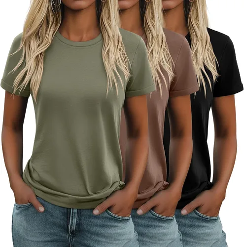 Vista 13 de Huukeay Paquete de 3 camisetas de algodón para mujer, estilo casual, de manga corta, cuello redondo, ajuste holgado, básica, lisa