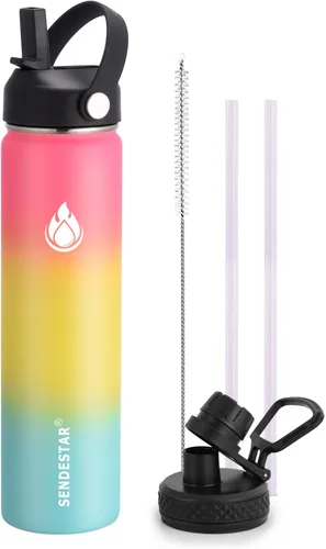 Vista 7 de SENDESTAR Botella de agua aislada de 24 onzas, boca ancha, botella de agua de 24 onzas con tapa con popote, tapa de boquilla, acero inoxidable