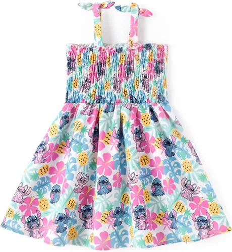 Vista 20 de Disney Vestido de princesa Frozen, Elsa, Minnie Stitch, para niña, con lazo, tirantes fruncidos, traje de verano, para fiesta de cumpleaños, 2-9 años