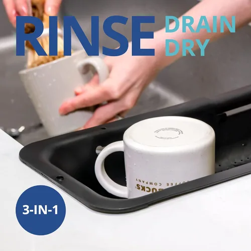 Vista 2 de BLUE GINKGO Cesta coladora para colocar sobre el fregadero, lavar verduras y frutas, escurrir la pasta cocida y platos secos, extensible, artículos