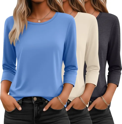Vista 11 de Ficerd Paquete de 3 camisetas de manga 3/4 para mujer, cuello redondo, camisetas básicas elegantes, casuales, modernas, holgadas