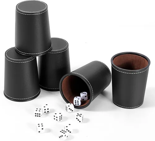 Vista 16 de Juego de tazas de cuero para dados, 5 tazas de dados negros + 25 dados + funda exclusiva de almacenamiento y transporte hecha de piel sintética
