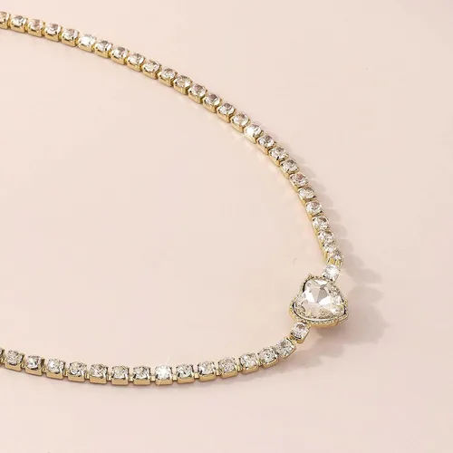 Vista 5 de Collar de corazón para mujer, gargantilla de diamantes de imitación, gargantilla de corazón brillante de oro, collar de circón, collar
