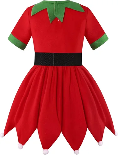 Vista 2 de Simplecc Christmas Elf Costume for Kids Girls Santa's Helper Costume Xmas Festive Elf Dress Outfit with Hat Shoes Stockings