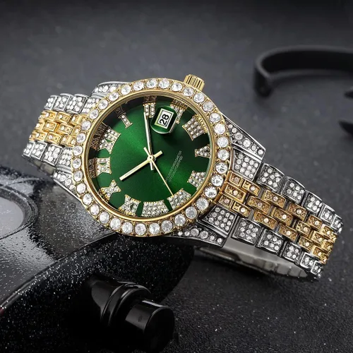 Vista 3 de Relojes de hip hop para hombre, relojes de cuarzo de lujo con diamantes brillantes con fecha