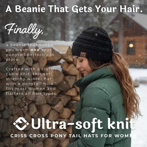 Vista 2 de Funky Junque - Gorro de coleta para mujer – Gorro de invierno con cola de caballo cruzada para mujer, cálidos y lindos gorros de punto con cola